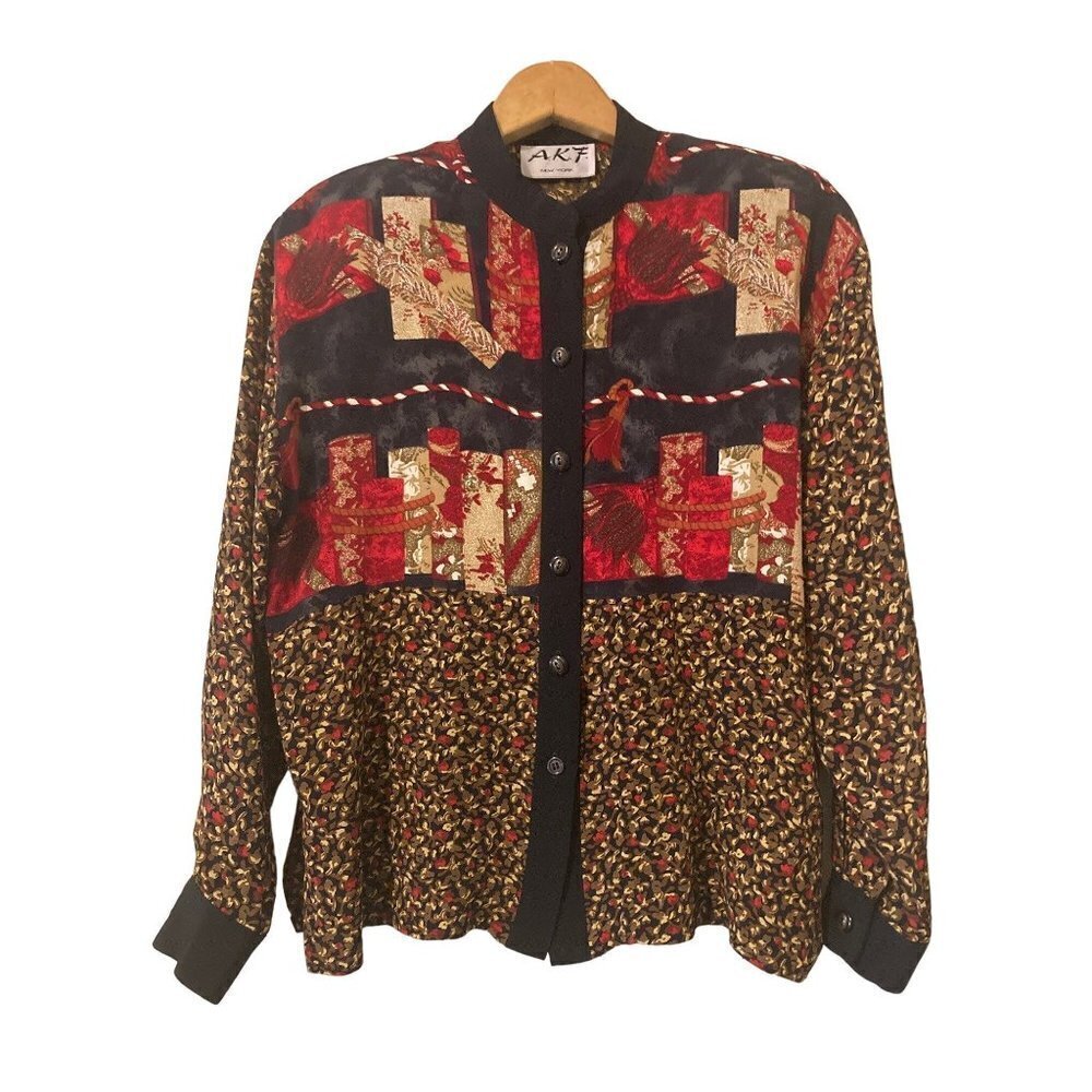 Vintage Womens A.K.F New York Special Button Blouse Multi Brown Band Collar L?